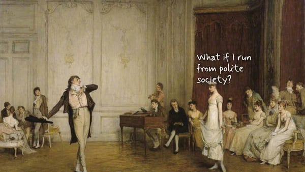 Her First Dance (Orchardson, 1884): a dancing master bows to a young woman in white while the room watches. Handwritten above her: “What if I run from polite society?”